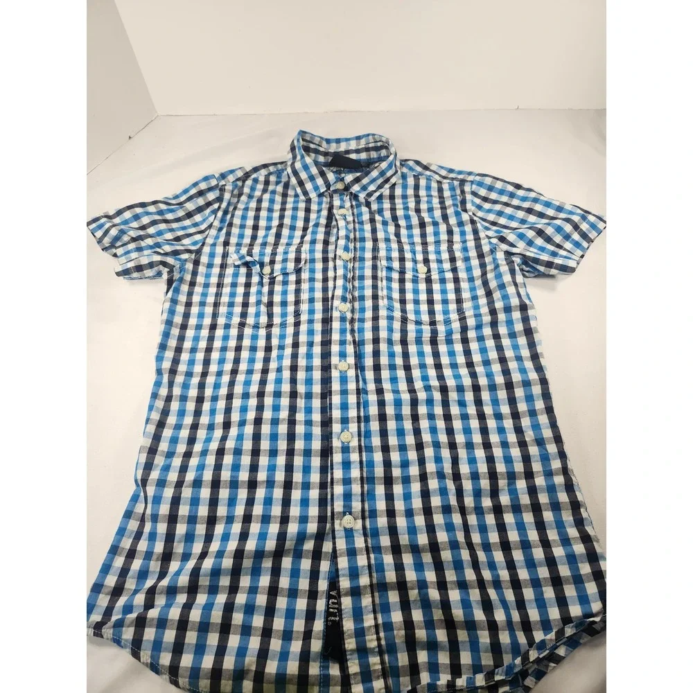 Vurt Boys Blue White Gingham Plaid Short Sleeve Button Down Shirt Size S Cotton